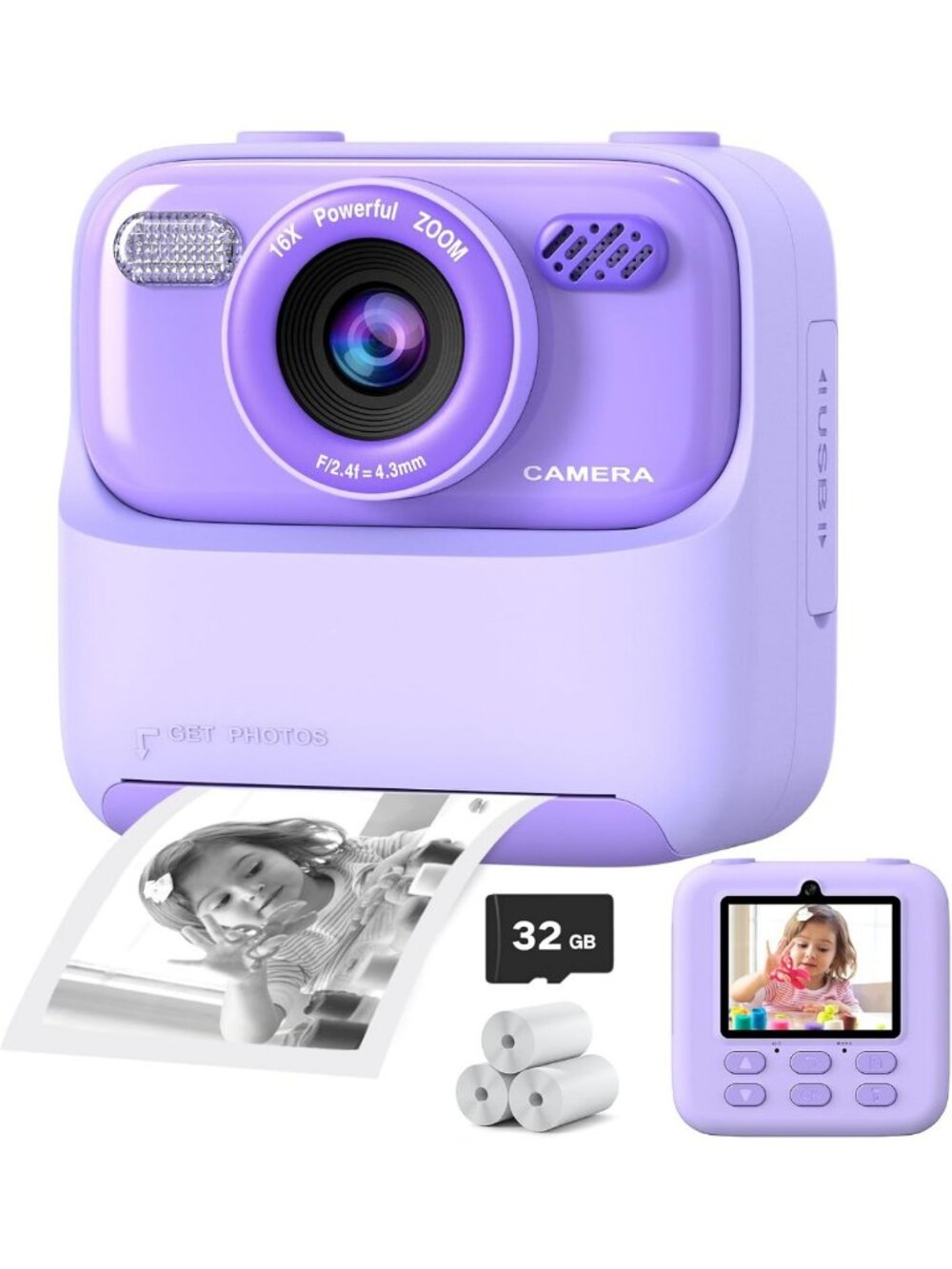 Kids 1080P HD Dual-Lens Instant Digital Camera with Print Paper & 32G Card